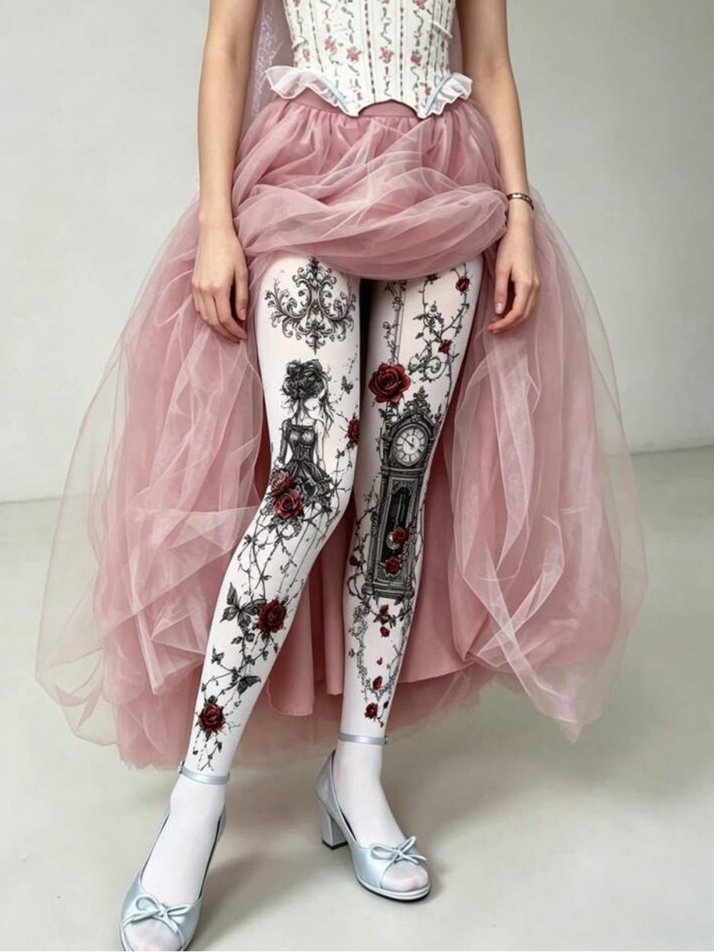 White Poker Card Pattern Thigh-High Leggings with Lace-Up Bow